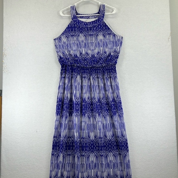 Chico’s Women’s IKAT Pleated Maxi Dress Size 2 (US 12) Blue & White Like New - Picture 1 of 11